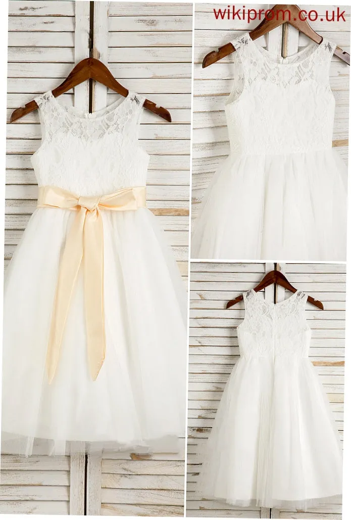 Flower Girl Flower Girl Dresses Tulle/Lace Neck A-Line/Princess Scoop With Sash/Bow(s) Tea-length Dress - Allison Sleeveless