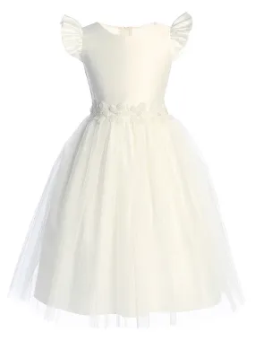 Girls Ivory Satin Flutter Sleeve Dress with Crystal Tulle Skirt and Beaded Floral Waist, Sizes 2 - 16