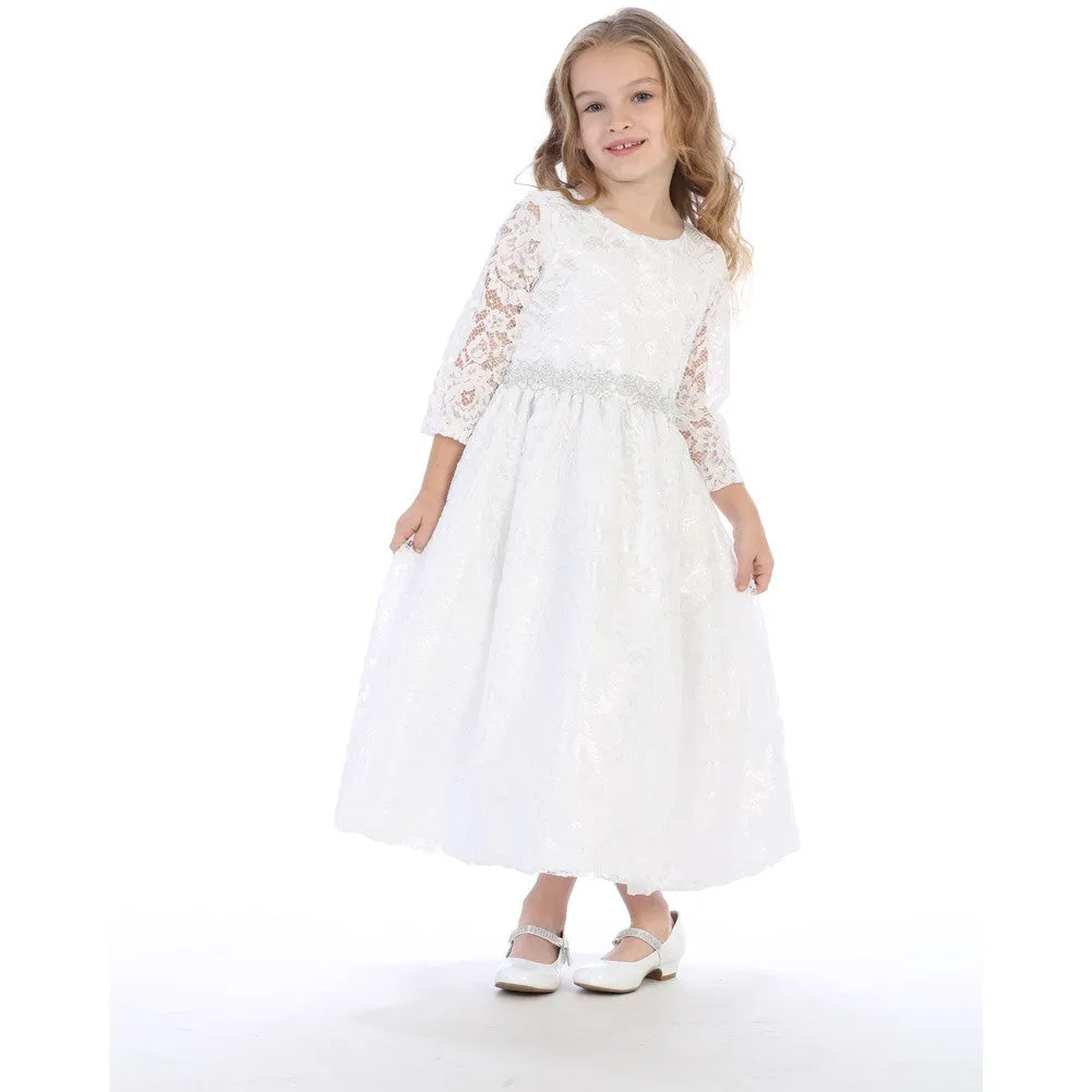 Girls White Silver Corded Floral Trim Lace Flower Girl Communion Dress 5-12