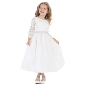 Girls White Silver Corded Floral Trim Lace Flower Girl Communion Dress 5-12