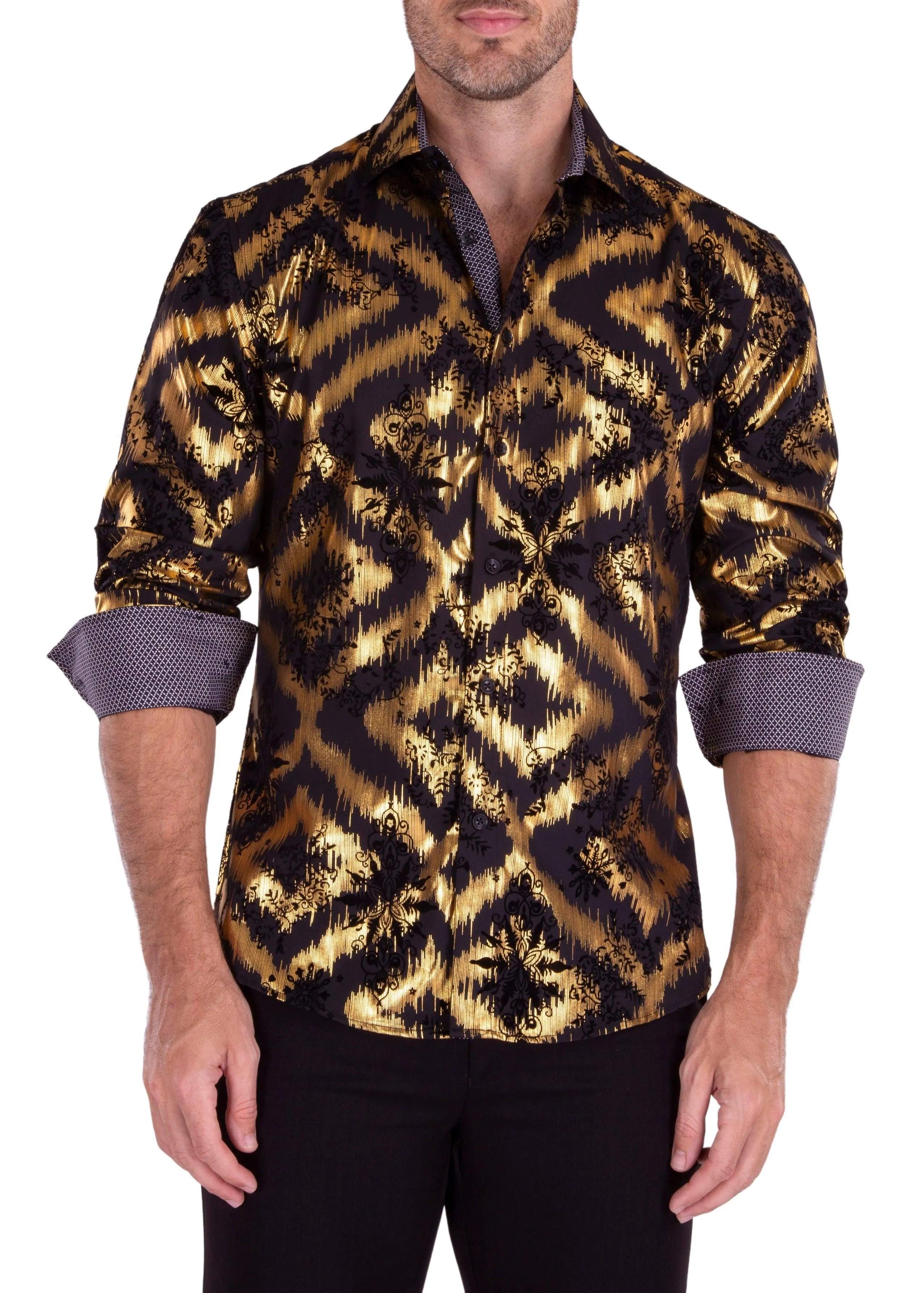 Gold Leaf Foil Velvet Accent Long Sleeve Dress Shirt Black