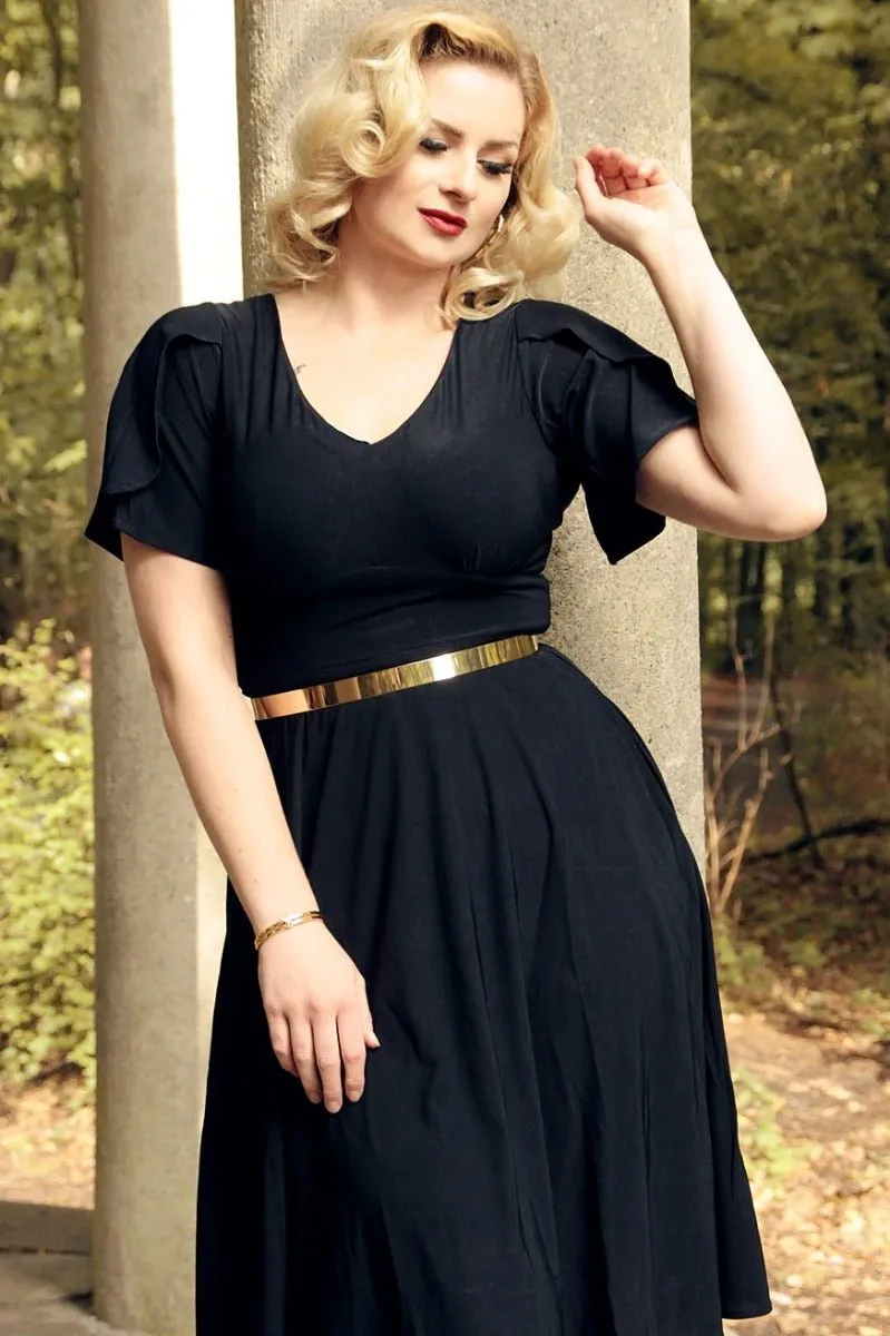 Janice Tea Swing Dress with Petal Sleeves in Black