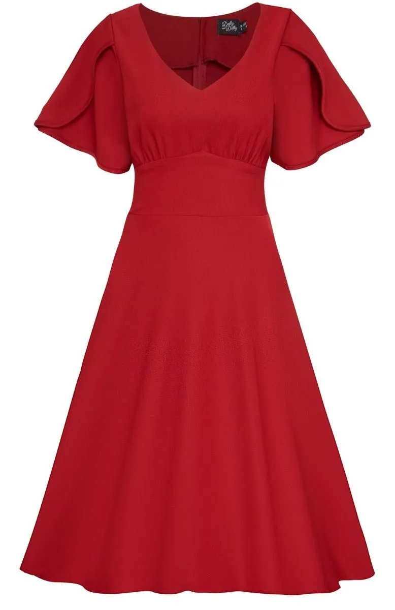 Janice Vintage Tea Dress with Short Sleeves in Red