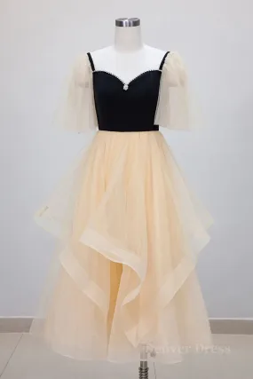 kamahe Champagne V Neck Tea Length Prom Dresses, Tea-Length Formal Graduation Dresses