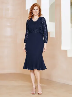 Lace Ruffles Tea-length Dress with Sequins Dark Navy