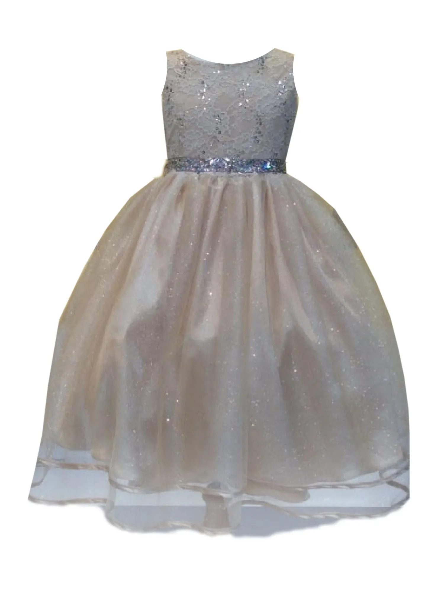 Little Girls Champagne Lace Sequin Belt Glitter Tulle Flower Girl Dress 2-6