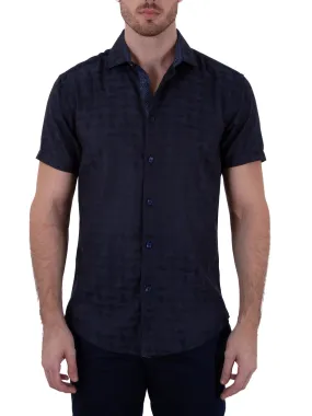 Men's Navy Textured Short Sleeve Button Up