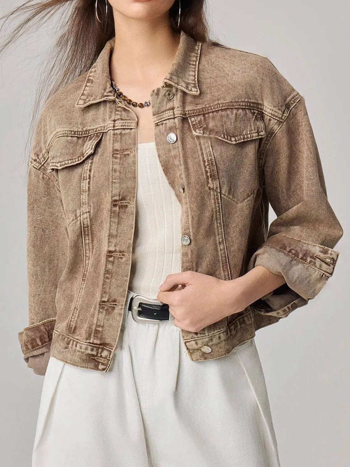 Pocketed Collared Neck Denim Jacket