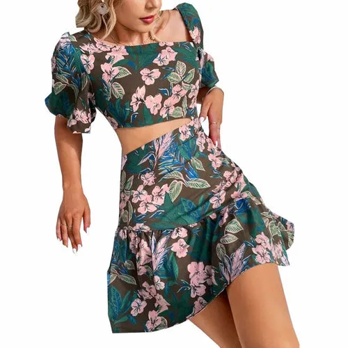 Print Short Puff Sleeve Oblique Collar High Waist Elegant Backless