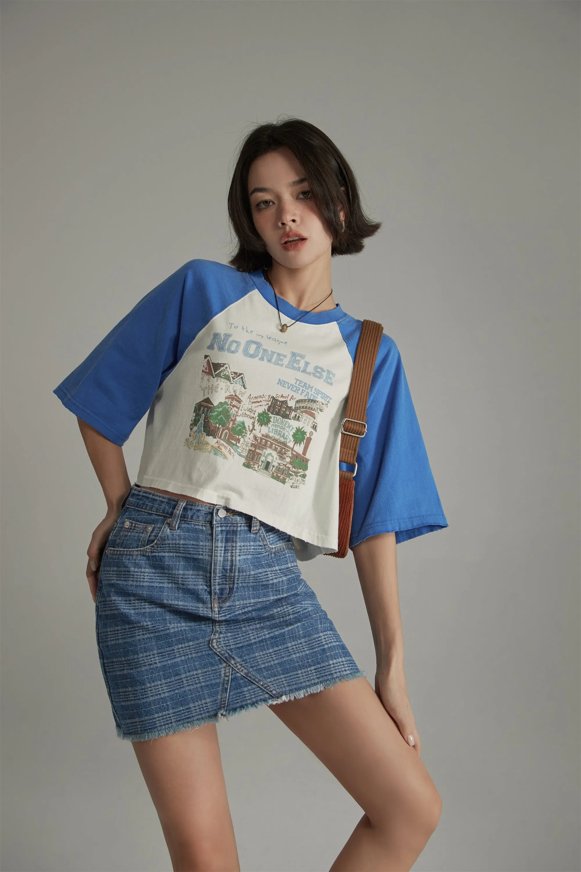 Raglan Color Crop Printed T-Shirt