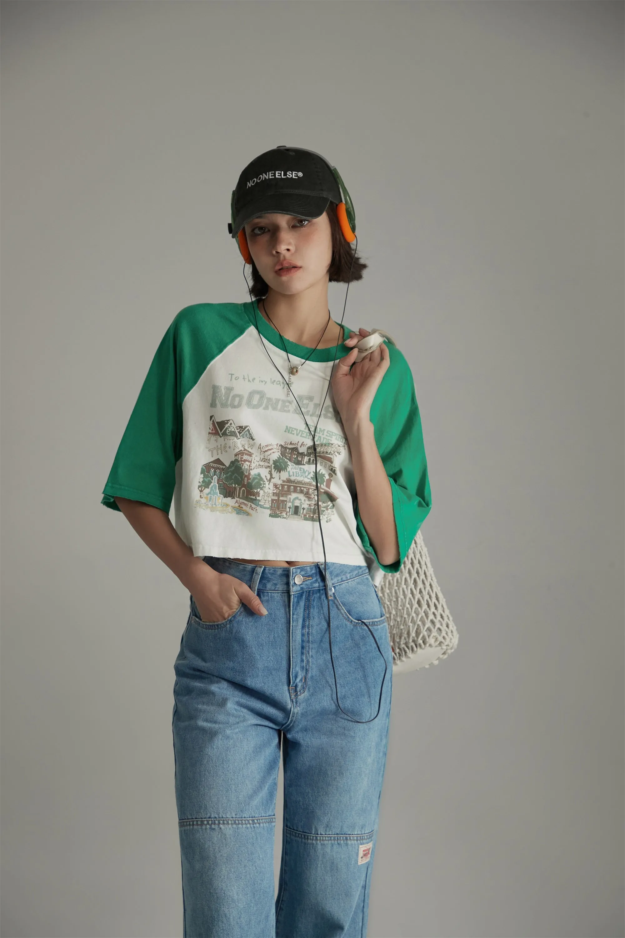 Raglan Color Crop Printed T-Shirt