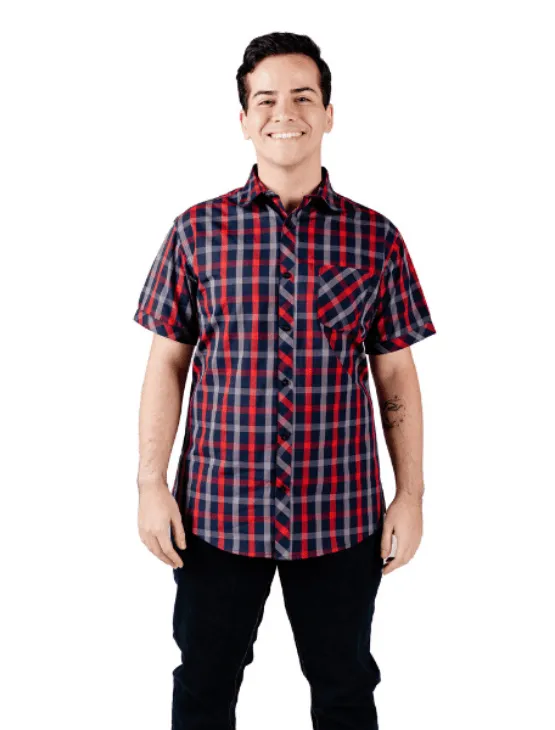 Red & Blue Plaid Short Sleeve Button-Up