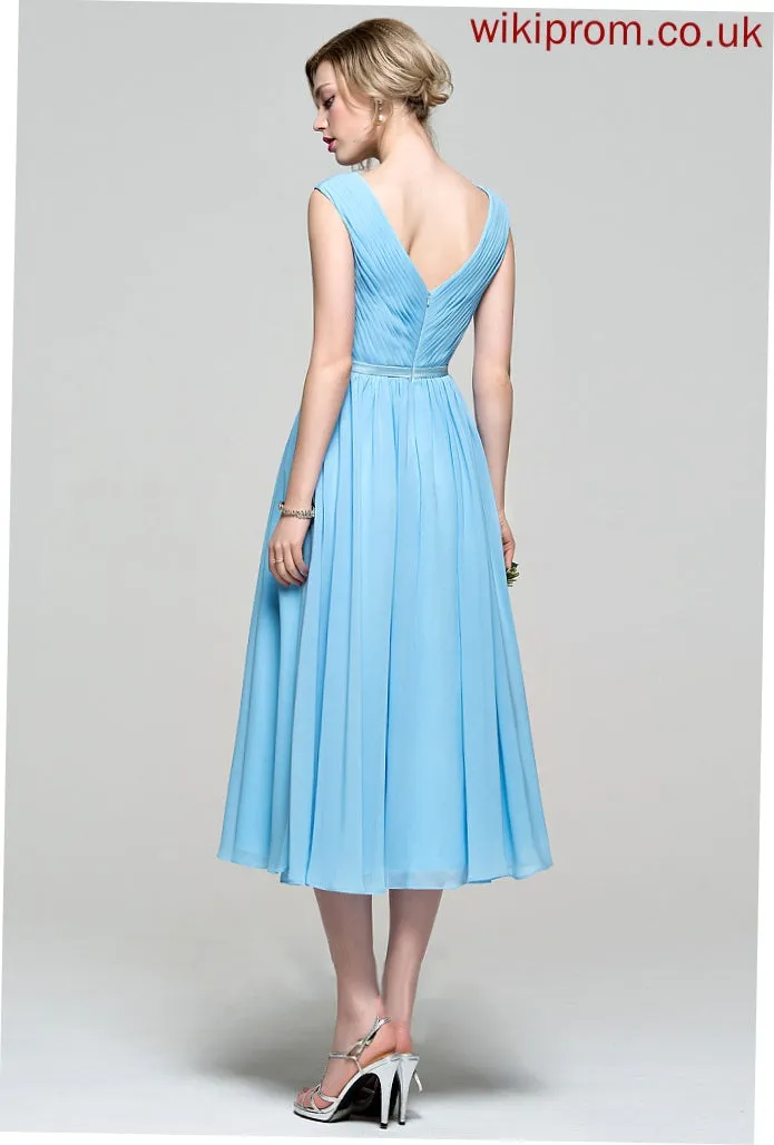 Sage Cocktail Chiffon V-neck Charmeuse A-Line Cocktail Dresses Ruffle Tea-Length Dress With