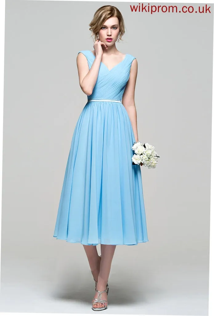 Sage Cocktail Chiffon V-neck Charmeuse A-Line Cocktail Dresses Ruffle Tea-Length Dress With