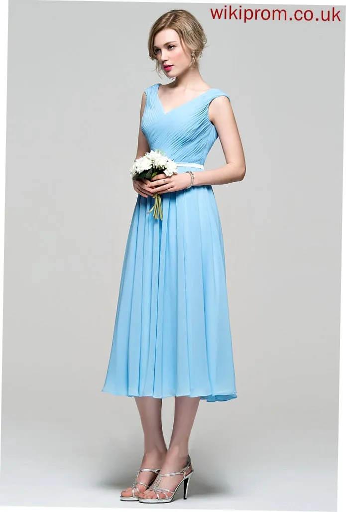 Sage Cocktail Chiffon V-neck Charmeuse A-Line Cocktail Dresses Ruffle Tea-Length Dress With