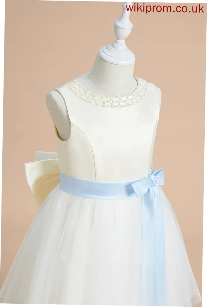 Satin/Tulle Flower Girl Dresses Minnie Tea-length Flower Scoop Sash/Beading/Bow(s) Neck Girl A-Line With Dress - Sleeveless