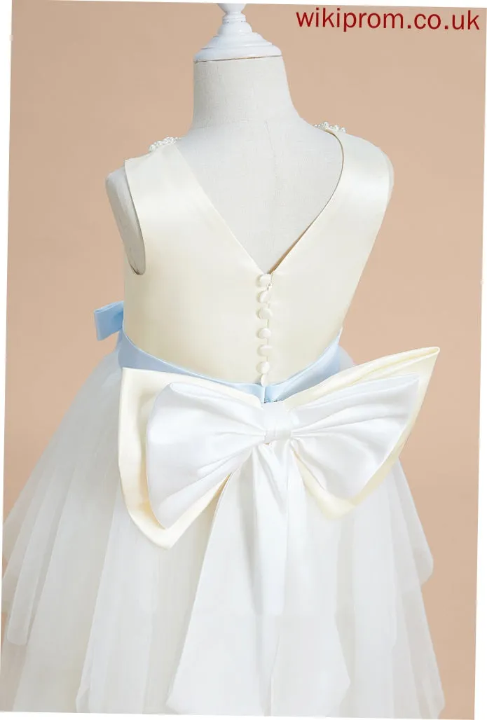 Satin/Tulle Flower Girl Dresses Minnie Tea-length Flower Scoop Sash/Beading/Bow(s) Neck Girl A-Line With Dress - Sleeveless