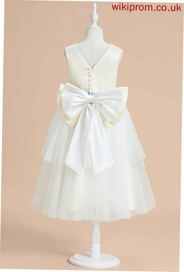 Satin/Tulle Flower Girl Dresses Minnie Tea-length Flower Scoop Sash/Beading/Bow(s) Neck Girl A-Line With Dress - Sleeveless