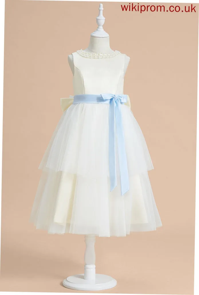 Satin/Tulle Flower Girl Dresses Minnie Tea-length Flower Scoop Sash/Beading/Bow(s) Neck Girl A-Line With Dress - Sleeveless