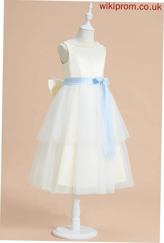 Satin/Tulle Flower Girl Dresses Minnie Tea-length Flower Scoop Sash/Beading/Bow(s) Neck Girl A-Line With Dress - Sleeveless