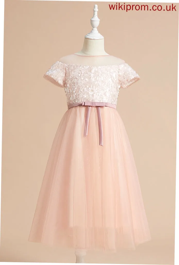 Scoop A-Line Sleeves Flower Girl Dresses Dress With Flower Neck Tea-length Girl - Short Sash/Bow(s) Lucinda Tulle