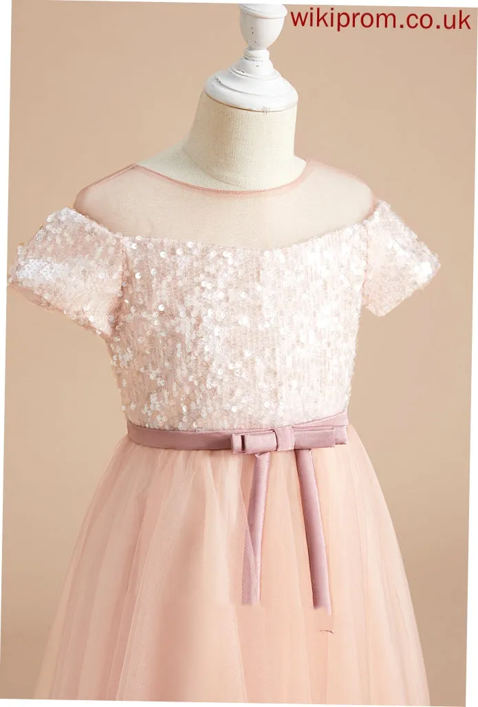 Scoop A-Line Sleeves Flower Girl Dresses Dress With Flower Neck Tea-length Girl - Short Sash/Bow(s) Lucinda Tulle