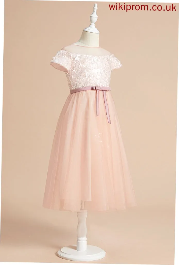 Scoop A-Line Sleeves Flower Girl Dresses Dress With Flower Neck Tea-length Girl - Short Sash/Bow(s) Lucinda Tulle