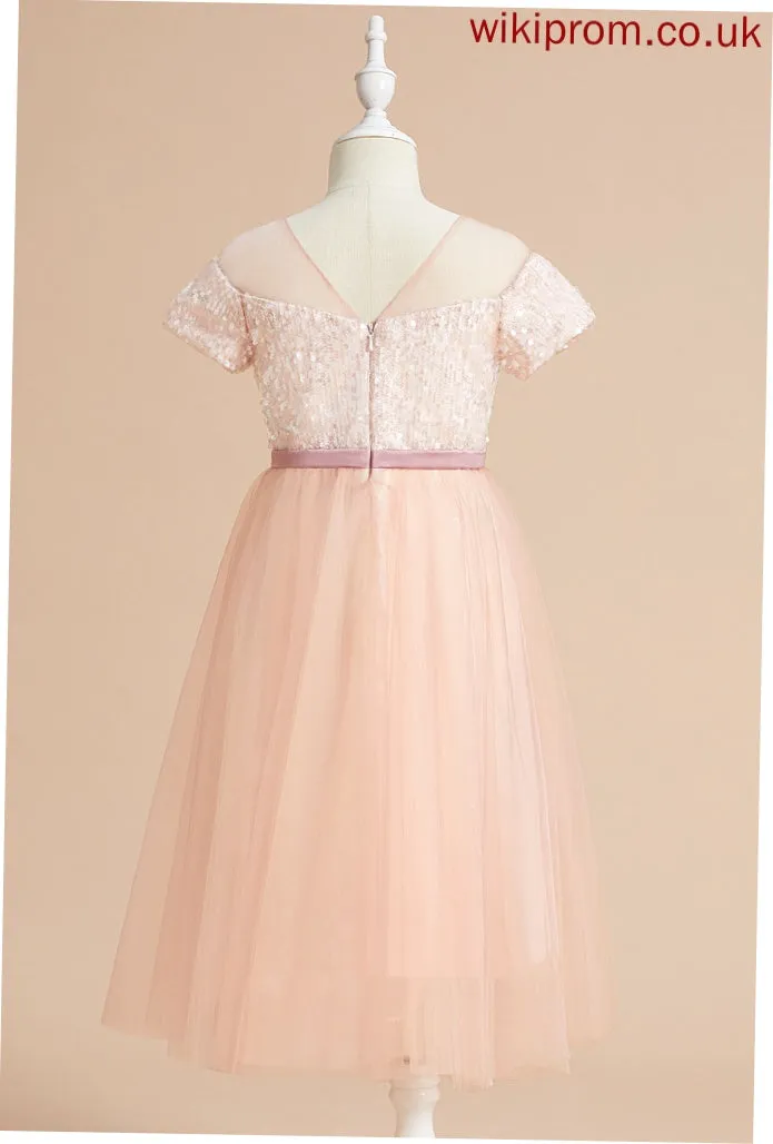 Scoop A-Line Sleeves Flower Girl Dresses Dress With Flower Neck Tea-length Girl - Short Sash/Bow(s) Lucinda Tulle