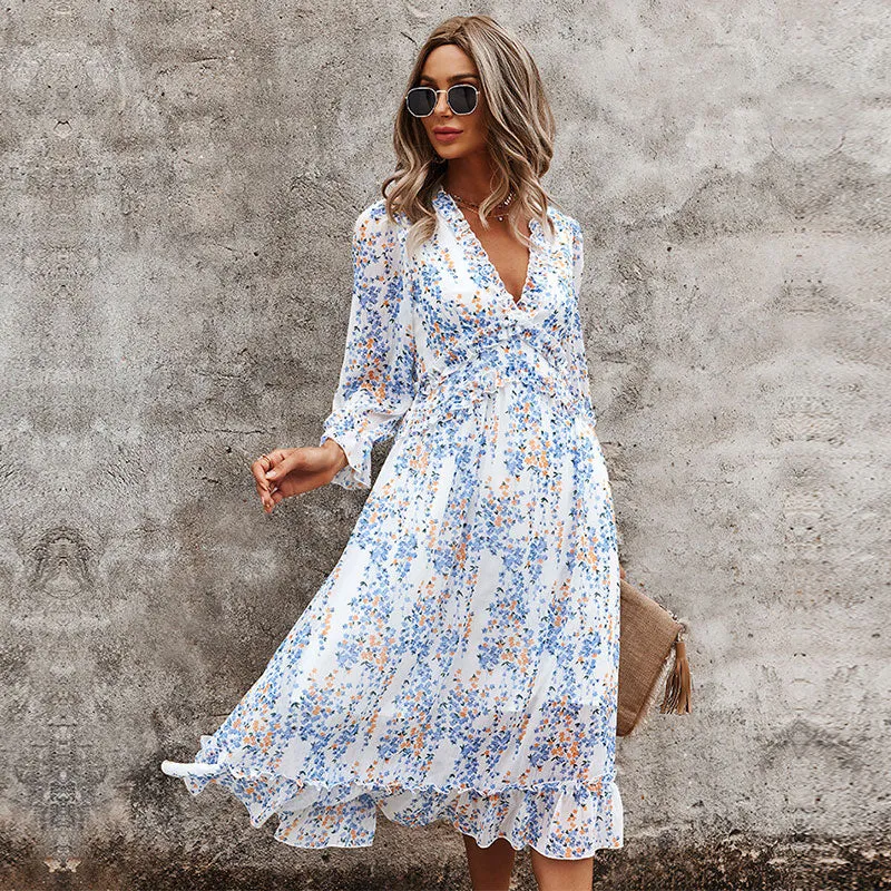 Sexy V Neck Floral Dress  Butterfly Sleeve High Waist Casual Print