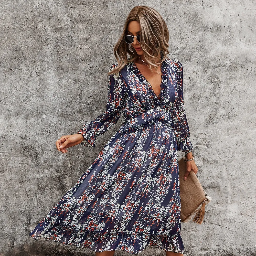 Sexy V Neck Floral Dress  Butterfly Sleeve High Waist Casual Print