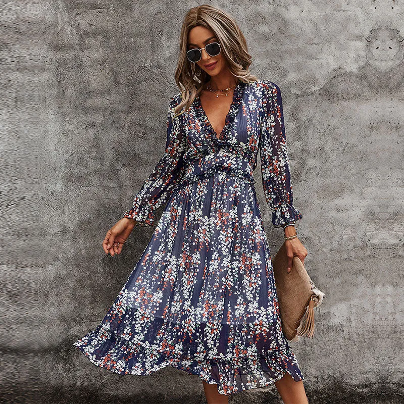 Sexy V Neck Floral Dress  Butterfly Sleeve High Waist Casual Print