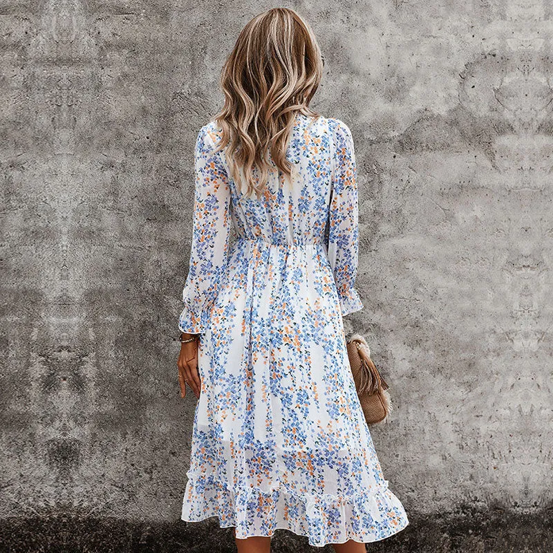 Sexy V Neck Floral Dress  Butterfly Sleeve High Waist Casual Print