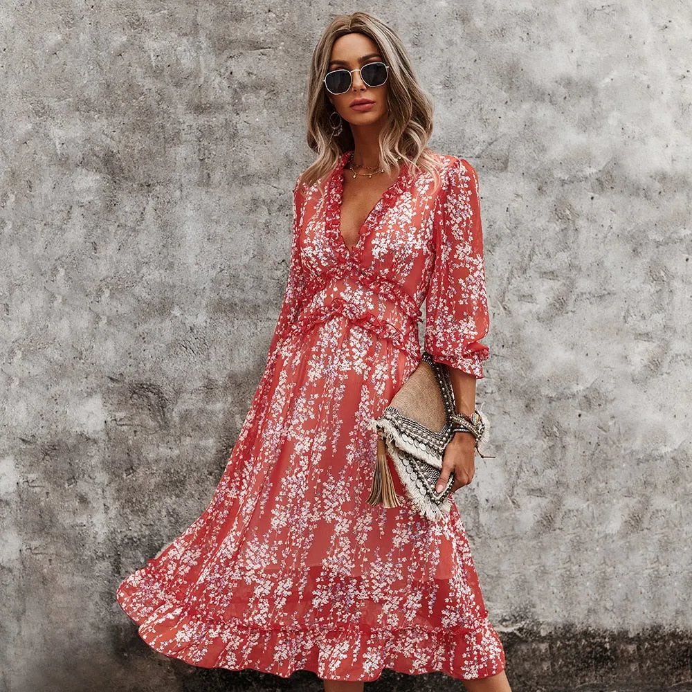 Sexy V Neck Floral Dress  Butterfly Sleeve High Waist Casual Print