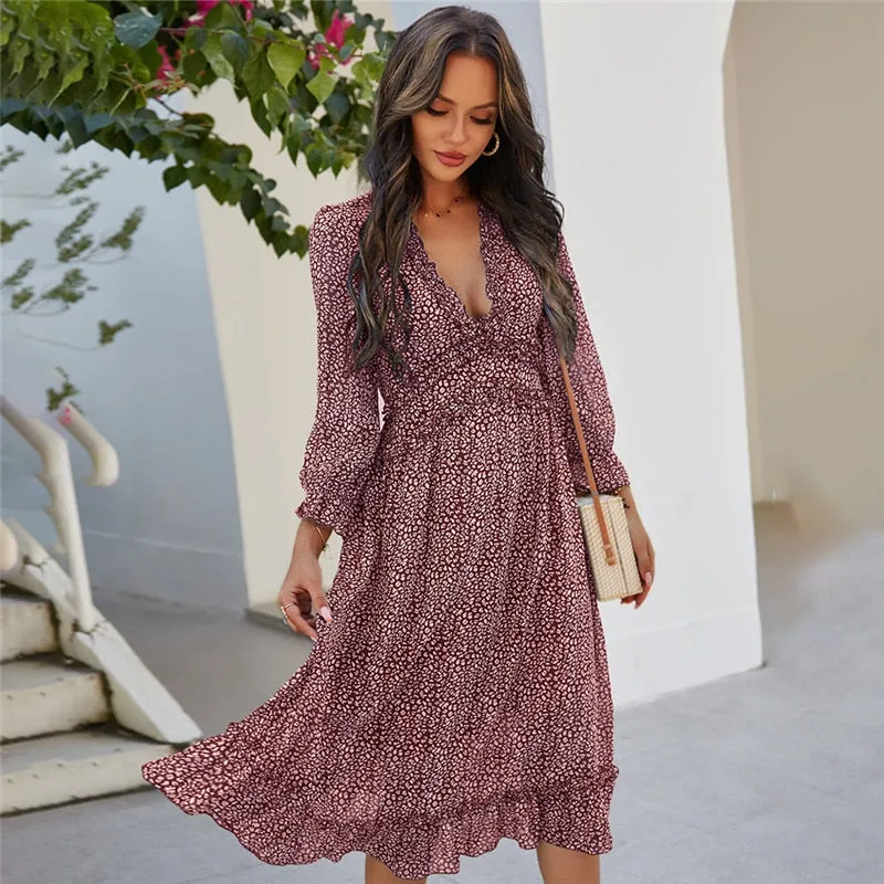 Sexy V Neck Floral Dress  Butterfly Sleeve High Waist Casual Print