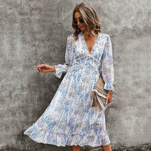 Sexy V Neck Floral Dress  Butterfly Sleeve High Waist Casual Print