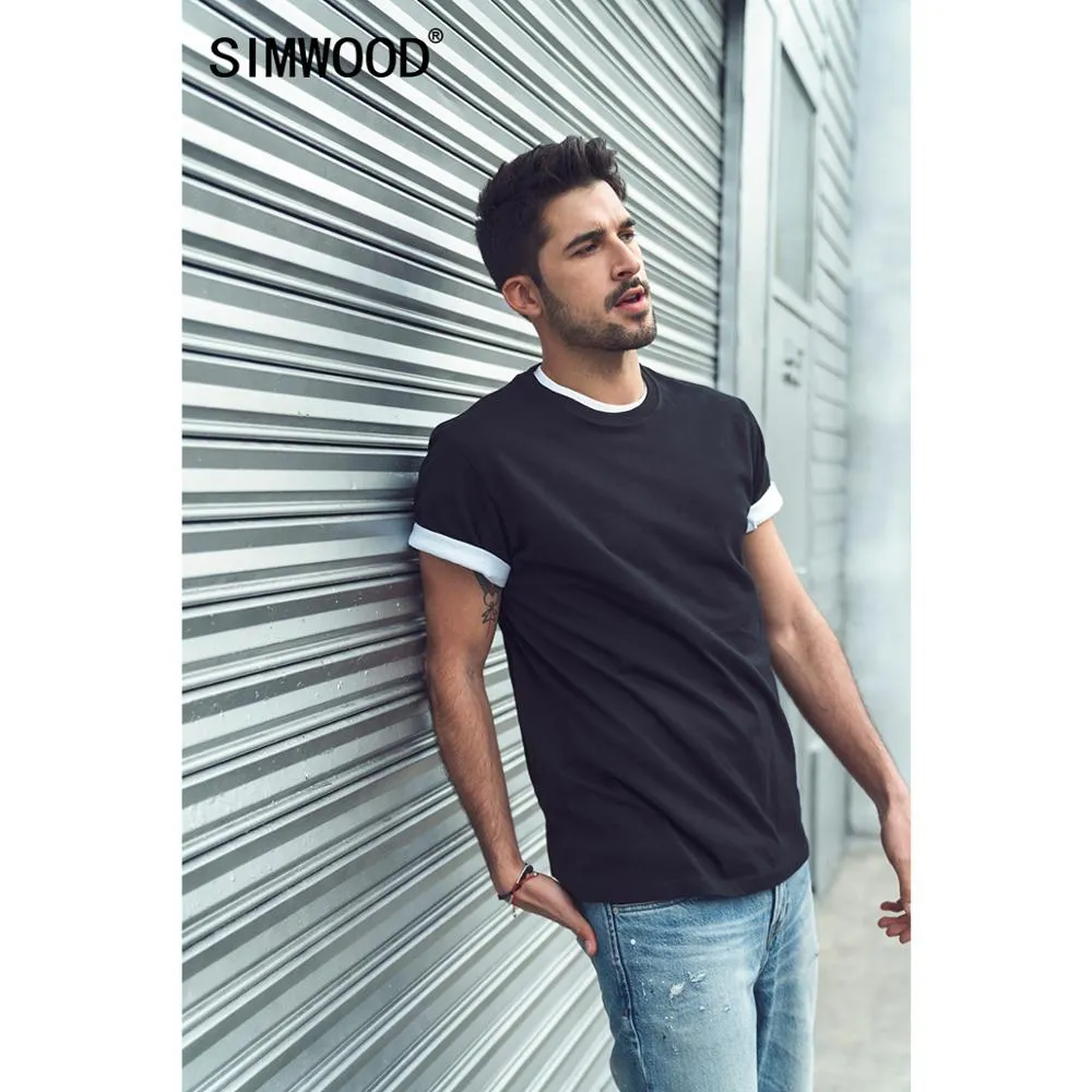 SIMWOOD 2020 Summer new 100% cotton t-shirt men o-neck solid color t shirt basic tees plus size short sleeve tops 190402