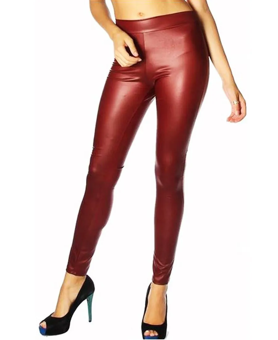 Solid Leggings Faux Leather Burgundy