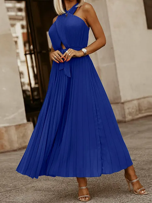 Solid Rib Pleated Long Party Dress Double Criss-cross Halter Hollow