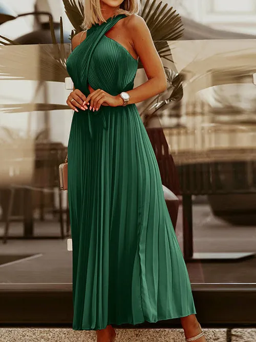 Solid Rib Pleated Long Party Dress Double Criss-cross Halter Hollow