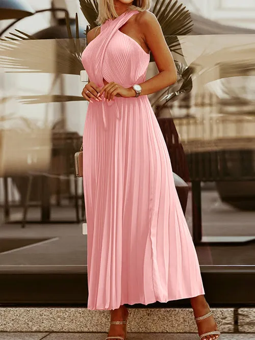 Solid Rib Pleated Long Party Dress Double Criss-cross Halter Hollow