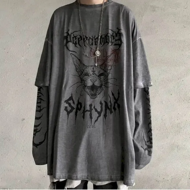 T-shirt Cross of Thorns fake two-piece for men women long-sleeved dark hip-hop loose large size autumn new trend top Simplicity