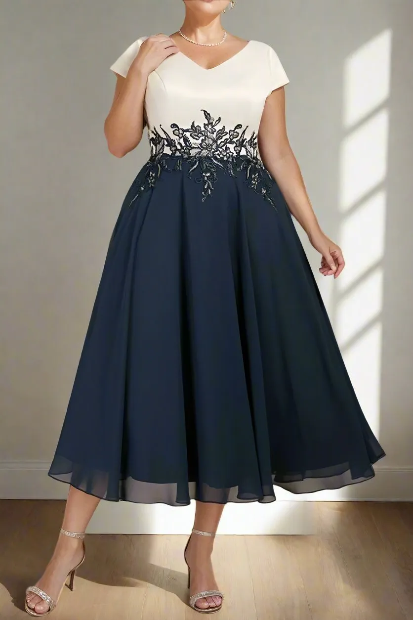 Tea Length Chiffon A-Line Short Sleeves Mother of The Bride Dresses