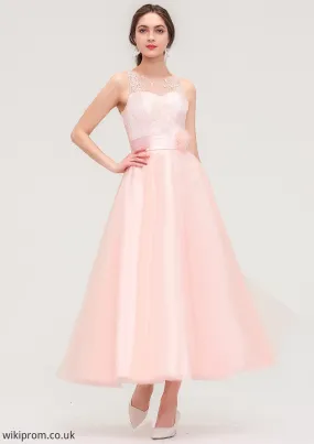 Tea-Length Sleeveless Bateau Tulle A-line/Princess Bridesmaid Dresses With Waistband Lace Angeline SWKP0025429