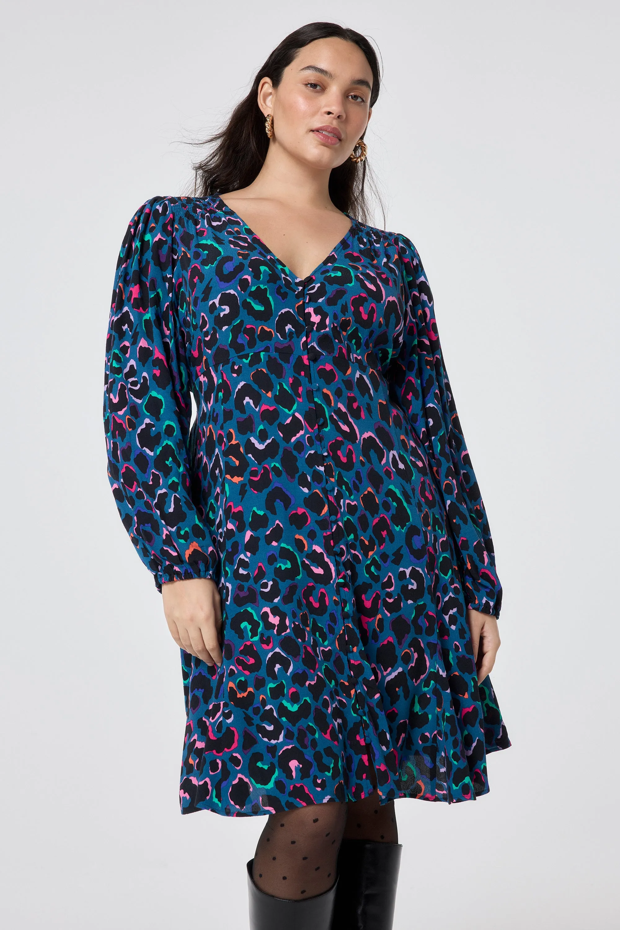 Teal with Rainbow Shadow Leopard Blouson Sleeve Godet Short Dress