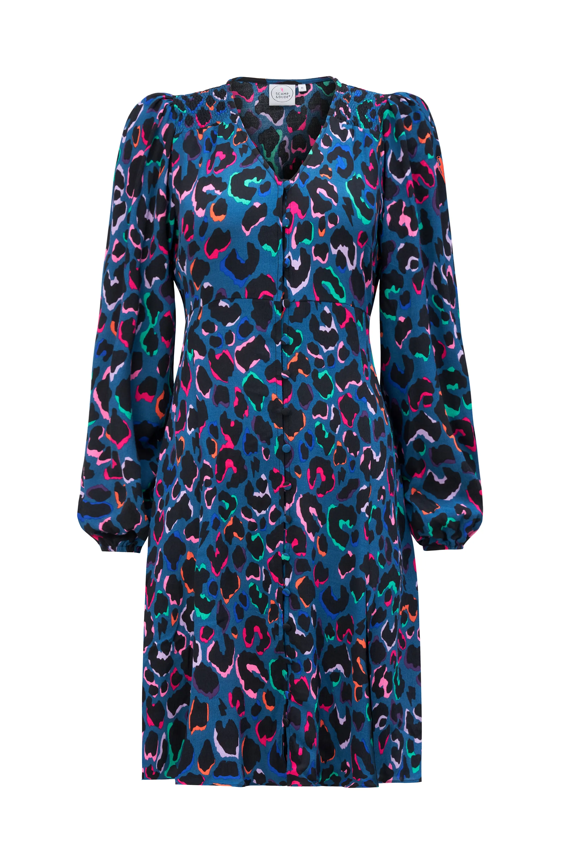 Teal with Rainbow Shadow Leopard Blouson Sleeve Godet Short Dress