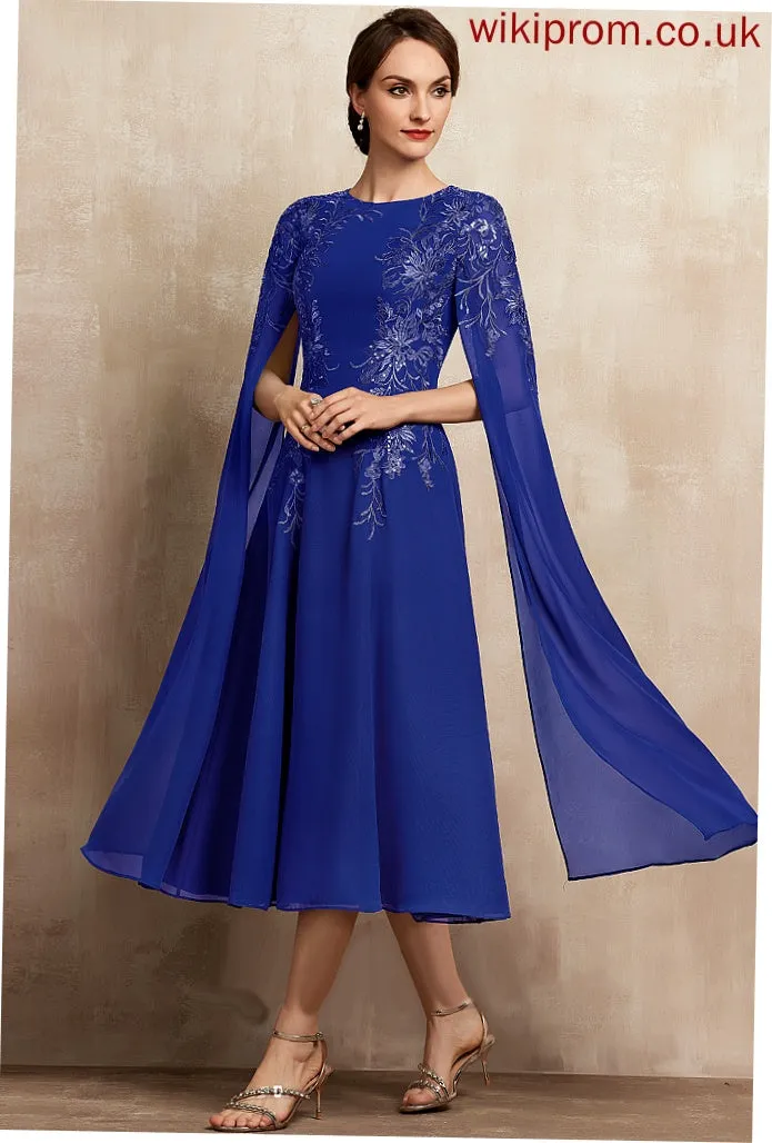 the Chiffon of Mother of the Bride Dresses Neck Samantha A-Line Lace Tea-Length With Bride Scoop Dress Sequins Mother