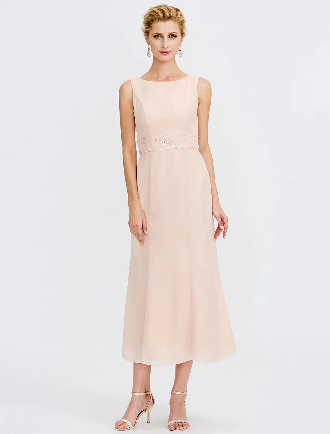 Two Piece Sheath / Column Mother of the Bride Dress Fall Wedding Guest Dresses Plus Size Elegant Jewel Neck Tea Length Chiffon Sleeveless Wrap Included with Sash / Ribbon Pleats Beading