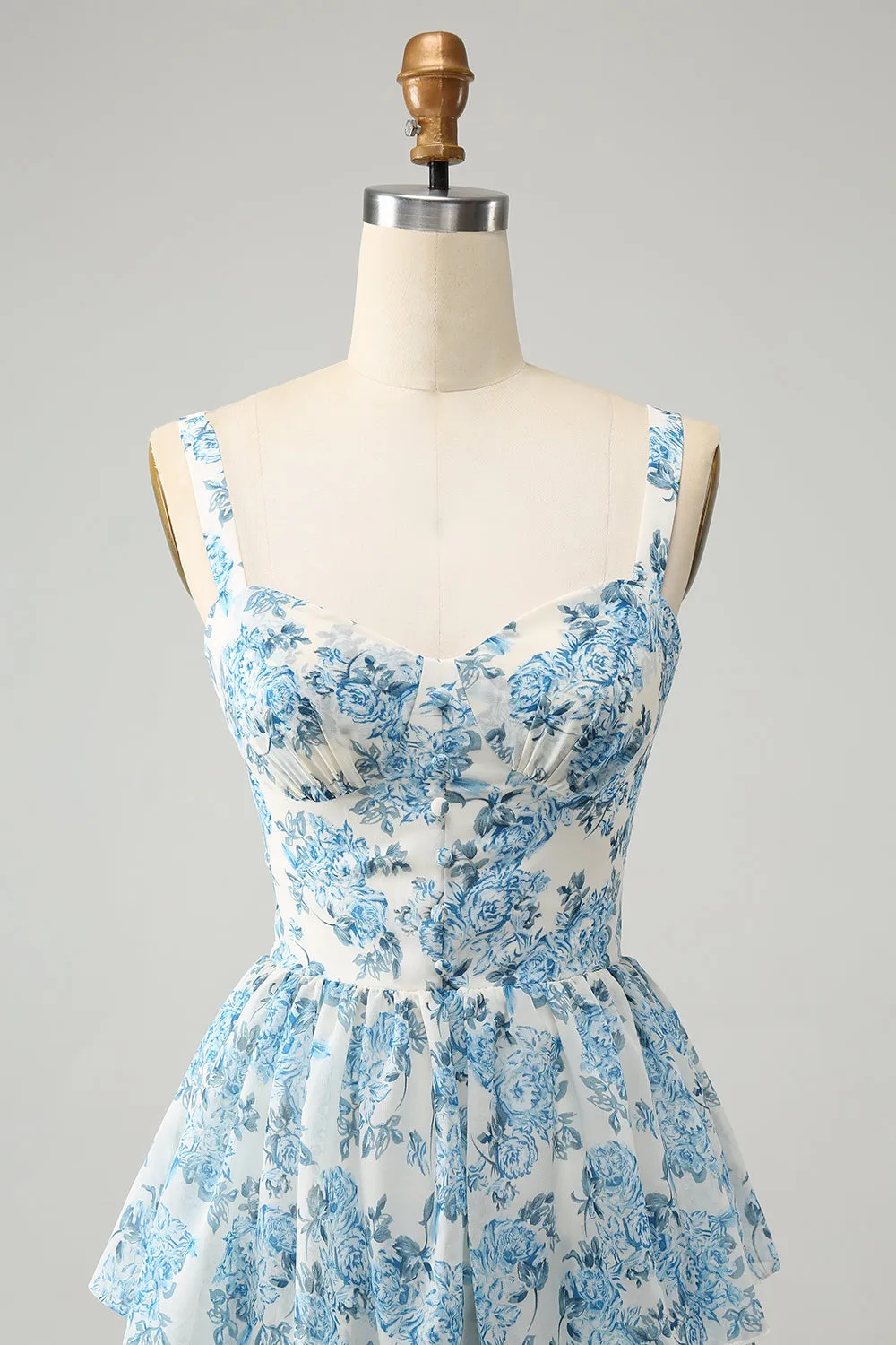 White Blue Corset Tiered Floral Tea Length Dress