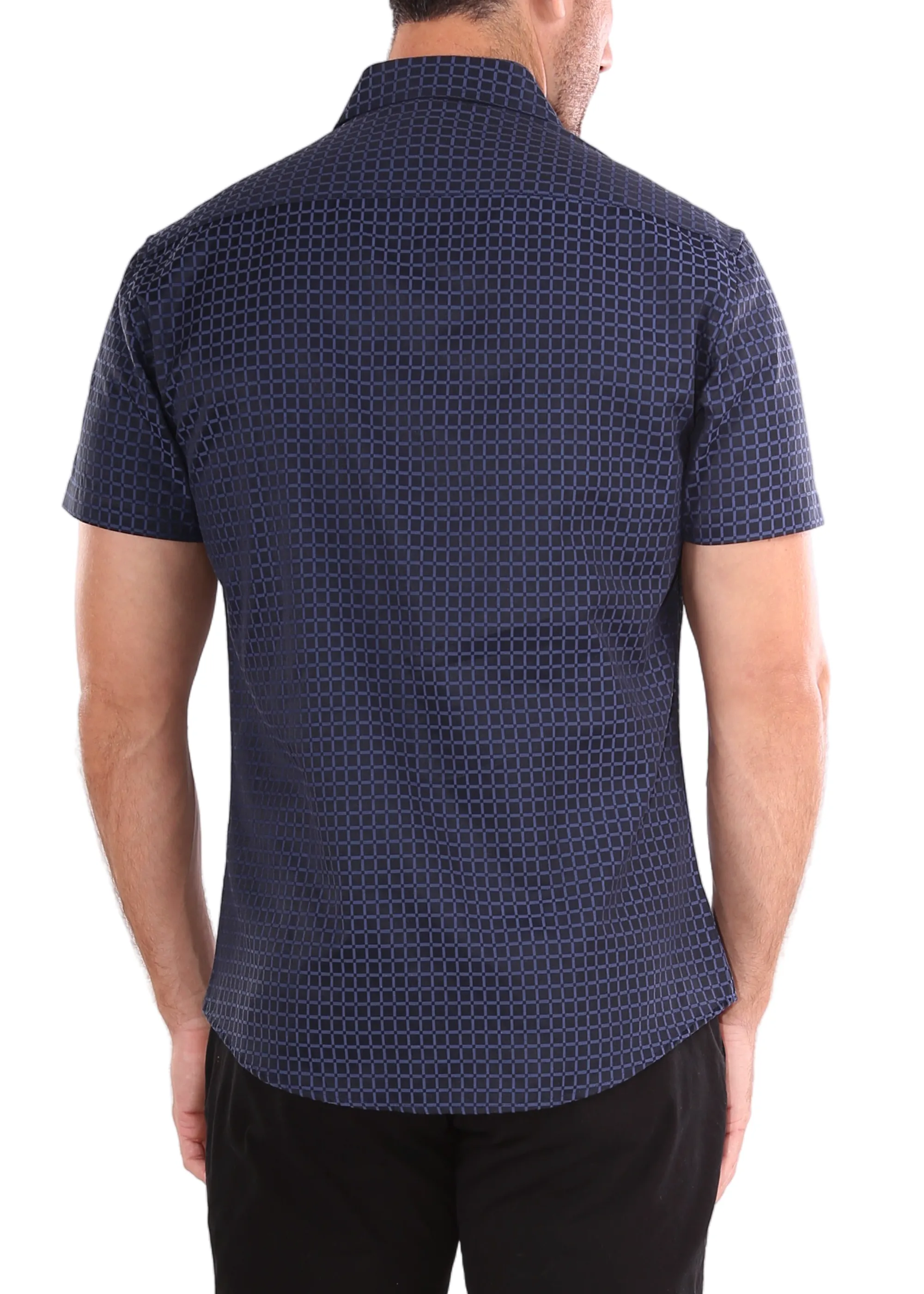 Window Pane Pattern Short Sleeve Dress Shirt Navy