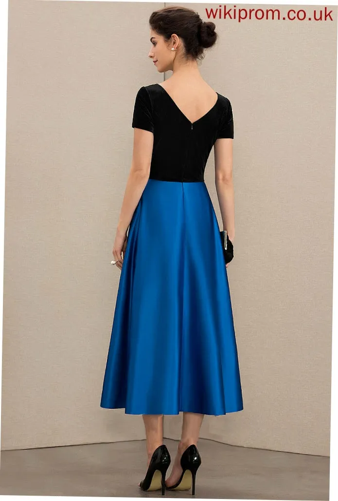 With the Tea-Length Neck Pockets Madilyn Satin Dress Mother of the Bride Dresses Bride Scoop of A-Line Mother Velvet